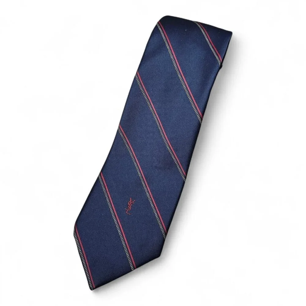 Yves Saint Laurent YSL Silk Tie Stripe Navy And Red Suit Long Necktie COA